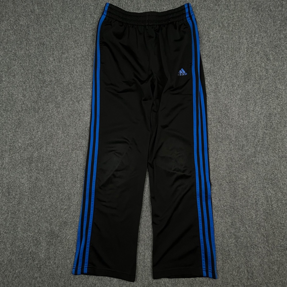 Adidas Track Pants Youth XL 18 Black Blue Striped Wide Leg Athletic Activewear